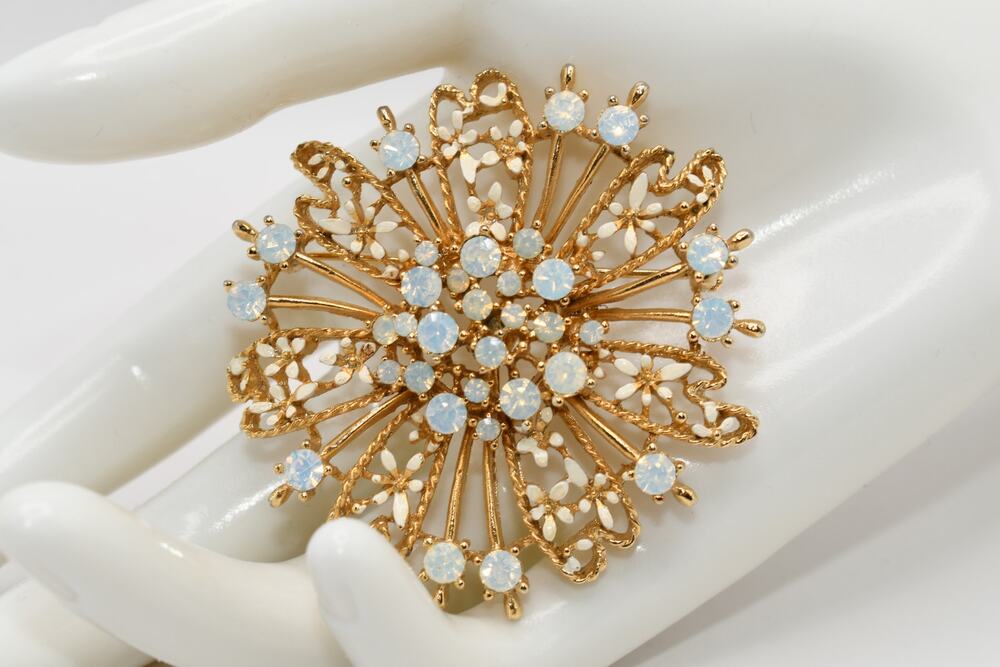 Vintage Opal Rhinestone Flower Brooch Gold Tone Enamel Floral Pin